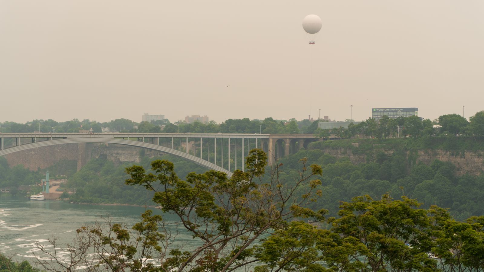 Rainbow Bridge with a tethered balloon above it